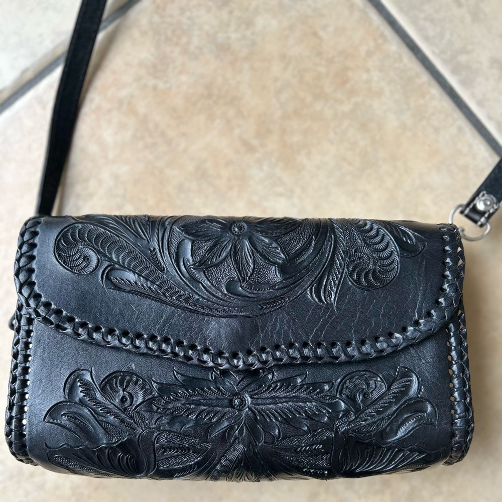 Black Embossed Leather Crossbody Bag